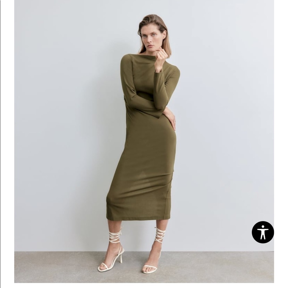 NWT ZARA Pleated Wool Dress-Khaki-Size Small